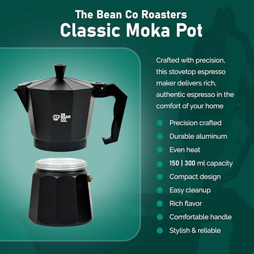 Image of THE BEAN CO Classic Moka Pot | Premium Aluminium | Stovetop | Espresso Coffee Maker (300 ml, Black)