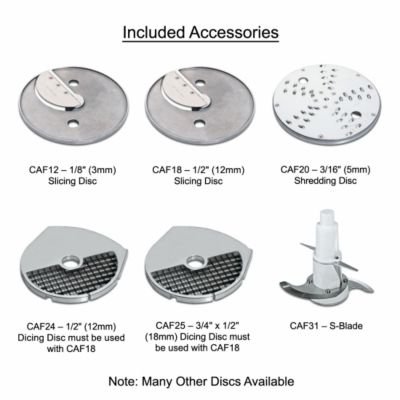 Included accessories for Waring Food Processor, showing various discs and S-blade