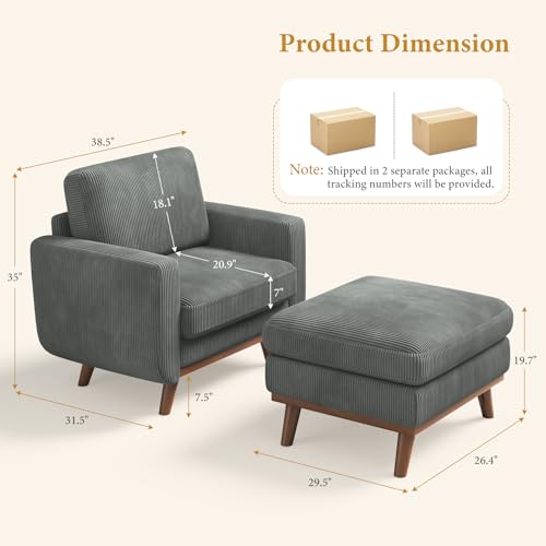 Image of Vesgantti 38.5 inch Accent Chair with Movable Ottoman, Comfy Corduroy Armchair with Spring Cushion, Reading Chair with Ottoman, Modern Single Sofa for Living Room, Bedroom and Apartment, Dark Gray