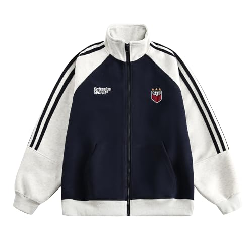 Image of Men's Women's Oversized Zip Up Color Block Mock Neck Hoodies Sweatshirt Letter Graphic Varsity Jacket