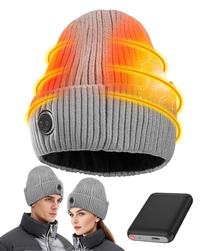 Victoper Heated Hat for Men USB Rechargeable Heated Beanie with 5000mAh Battery 3 Heat Levels Christmas Stocking Fillers Gifts for Men Dad Mens Winter Hat for Hiking Outdoor Sports (Grey)