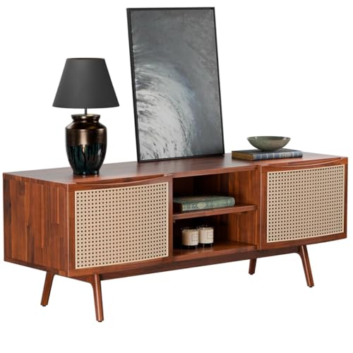 Image of MISAN Modern TV Table | Solid Sheesham Wood Sideboard TV Unit for Living Room, Bedroom, Office Furniture Stand | Wooden Free Standing Entertainment Unit Side Board Table with Storage (E-Hony)
