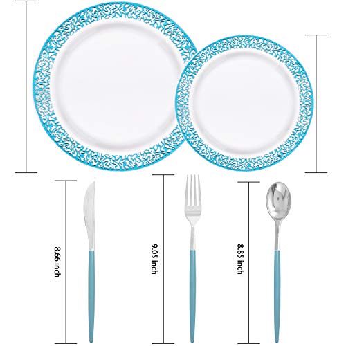 WELLIFE 120 PCS Blue Plastic Plates, Blue Party Plates, Includes: 24 Dinner Plates 10.25”, 24 Dessert Plates 7.5”, 72 Plastic Cutlery for Party