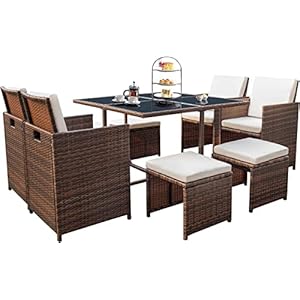 Devoko 9 Pieces Patio Dining Sets Outdoor Space Saving Rattan Chairs with Glass Table Patio Furniture Sets Cushioned Seating and Back Sectional Conversation Set (Beige)