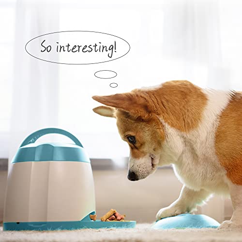 PETGEEK Automatic Treat Dispensing Dog Toys, Dog Treat Dispenser with Dog Button Remote Control, Electronic Dual Power Supply Dog Puzzle Toys for L/M/S Dogs Safe ABS Material, Blue Color
