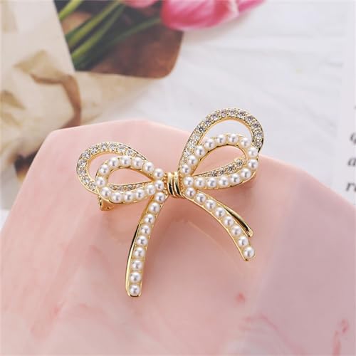 Image of Bow Knot Brooch Rhinestones Pearl Bow Lapel Pin Alloy Pearl Brooch Satin Ribbon Bow Badge Women's Dress Shawl Sweater Decoration