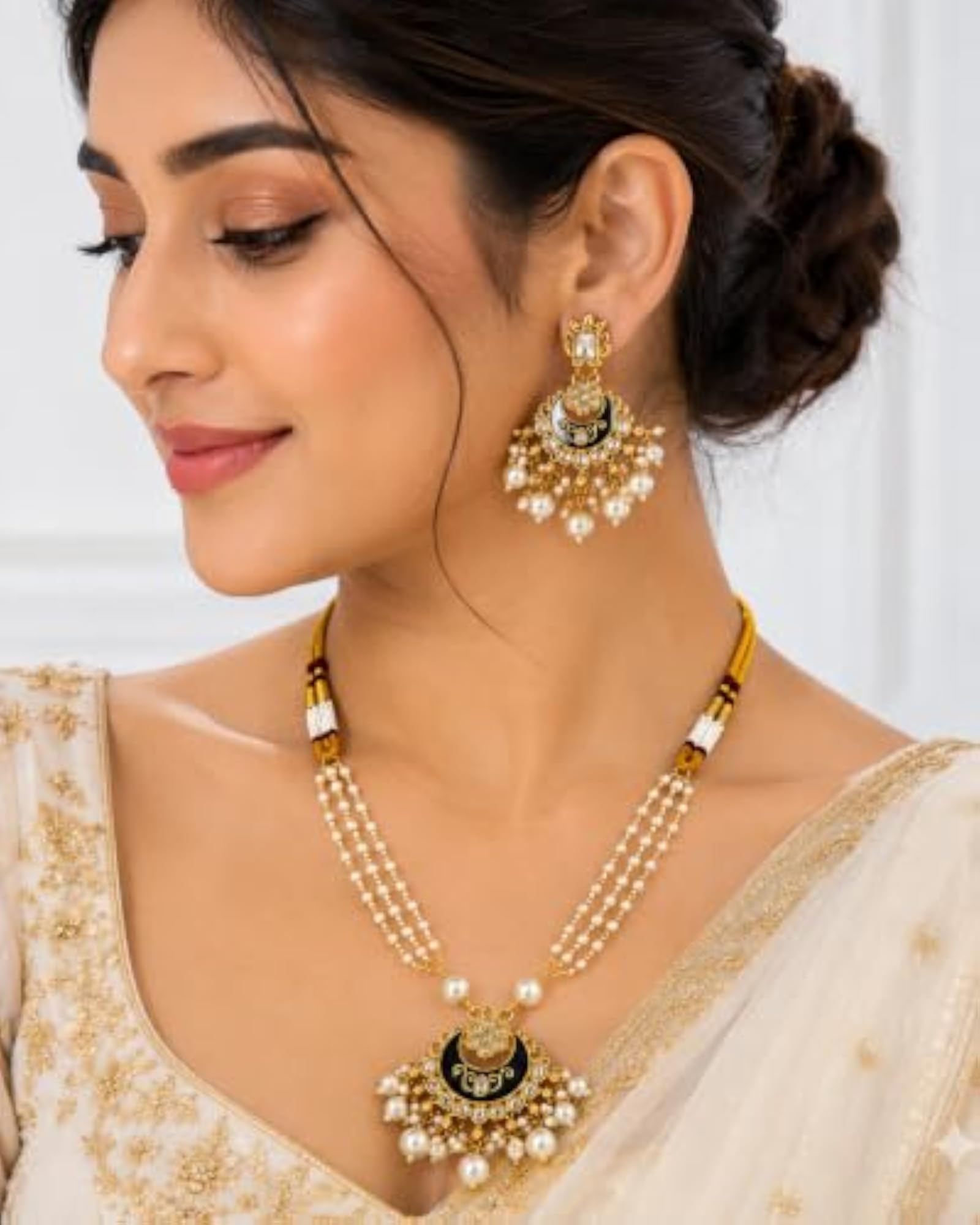 Meenakari Kundan Pearl Necklace and Chandbali Earrings Set