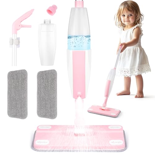 Yeeammk Kids Spray Mop Toy for Toddlers Age 3+, Real Water Sprayer with Detachable Cloth, Montessori Pretend Play Cleaning and Learning Toys Gift for Kids Girls Boys Pink