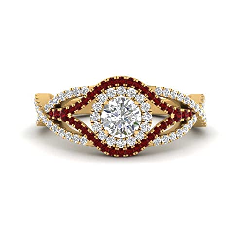 Image of Choose Your Gemstone Round Twisted Pave Double Halo Diamond CZ Ring Yellow Gold Plated Round Shape Double Halo Engagement Ring for Women, and Ladies US Size 4 to 12