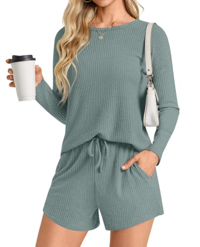 Image of Anydoll Womens Pajama Sets Waffle Knit Lounge Sets Long Sleeve Top and Shorts 2 Piece Loungewear with Pockets