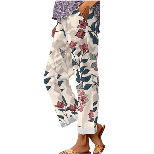 Pantalones 7/8 Mujer Verano Lino suelto Verano Lino Ligero Pantalones De Playa Grande con Bolsillos Casual Pantalones 7/8 Fluido Elástico Cintura Alta Casual Cómodo Deporte Correr Pantalones Correr