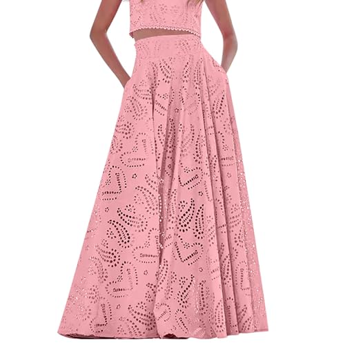 Womens Summer Eyelet Skirts Lace Embroidered Boho Skirt Hollow Out Smocked Waist Maxi Skirt with Pockets Pink M
