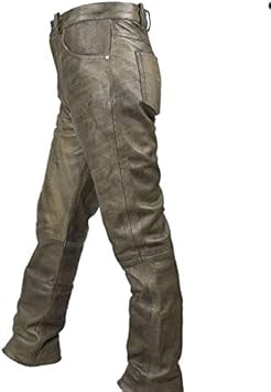 Mens Motorcycle Distressed Brown Pant For Bikers Soft Leather Classic 5 pocket Jean Style Chap 32