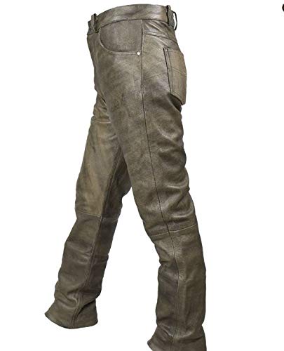 Mens Motorcycle Distressed Brown Pant For Bikers Soft Leather Classic 5 Pocket Jean Style Chap (34) #TOP14