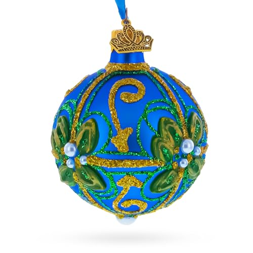 Boule de Noël en verre bleu incassable design floral