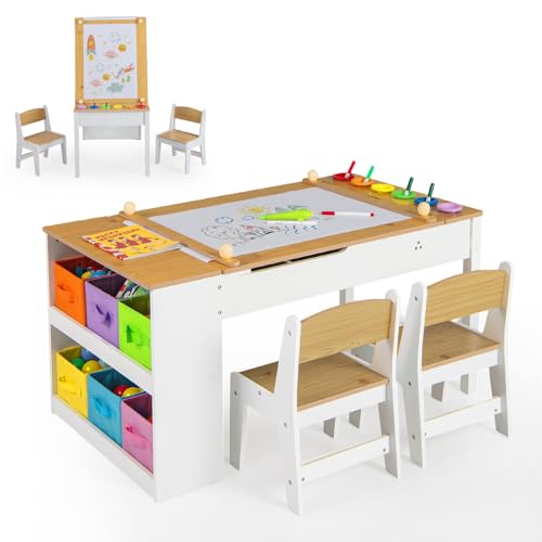 GOPLUS Table Enfant avec 2 Chaises, Table a Dessin avec Plateau Relevable, 6 Tiroirs, 6 Pots de Peinture et 1 Rouleau de Papier, Bureau Enfant pour Salle de Jeux et Crèche