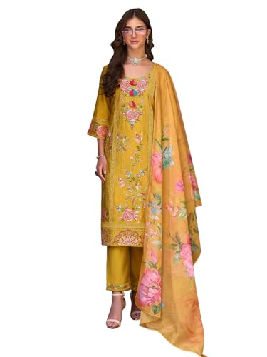 Image of INDO ERA Women's Silk Blend Floral Embroidered Thread Work Kurta & Pant with Dupatta Set (IEOUT13229)
