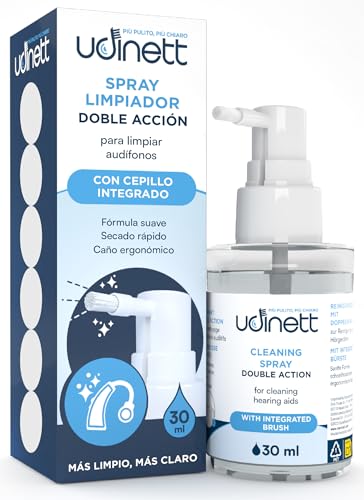 Spray Limpador para aparelhos auditivos Udinett de 30 ml para auriculares e auscultadores Bluetooth - desinfetante rápido sem álcool - limpador em aerossol com escova contra a sujidade e o cerúmen