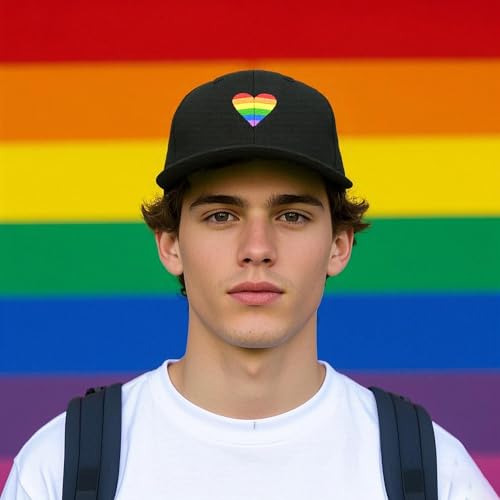 Image of LGBT Pride Baseball Hat, Embroidered Rainbow Heart Hat, Adjustable Gay Lesbian Love Cap for Men Women