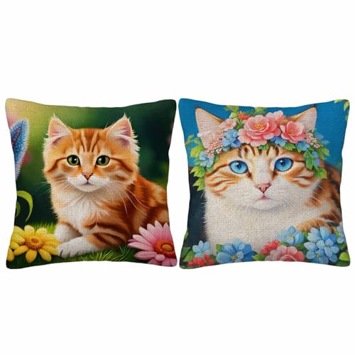 GSRONY Juego de 2 fundas de almohada con diseño de gato con pintura al óleo, flores de primavera, hermoso gatito, lindo gato, decoración del hogar y el coche, 45,7 x 45,7 cm, dos fundas de almohada