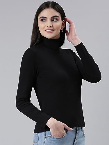 Image of TWIN BIRDS Women Cotton Turtle Neck Ribbed Tee | Full Sleeve Winter Top