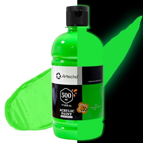 Artecho Green Glow in the Dark Acrylic Paint - Large Bottle 500ml /17oz Craft Paint for Canvas Rocks Wood Fabric Ceramic Non-Toxic