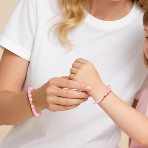 Mother Daughter Bracelets,2 Pcs Pink Heart letter healing beads bracelet for women,matching bracelets for mom and daughter| Mothers Day Christmas Birthday Homecoming Gifts for Women3