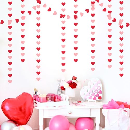 Image of Galentines Red Pink Valentines Party-Decorations - 52ft Heart Garland Streamers Paper Banner,Proposal Anniversary Romantic Birthday Baby Shower Rustic Wedding Hanging Ornaments Decor Hugfond