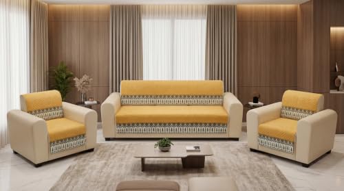 Image of KINGLY Sofa Cover 5 Seater 3+1+1 Velvet Full Cover - Mustard Yellow | Fully covered quilted velvet slipcover, washable anti-slip thick furniture protector for 3+1+1 living room sofa