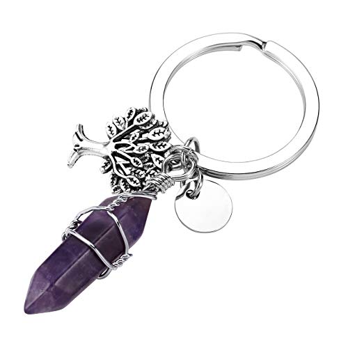 Jovivi Hexagonal Gemstone Wire Wraped Amethyst Crystal Healing Point Chakra Pendant Keychain Silver Tree of Life Charm Keyring