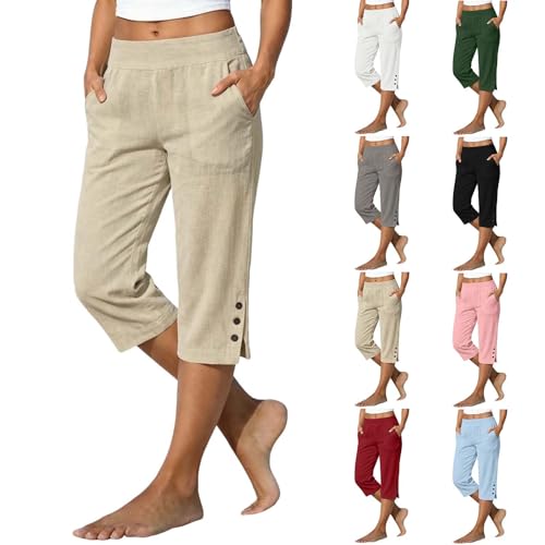 Capris for Women with Pockets,Cotton Linen Capri Pants for Women Petite Tailored Split Button Elastic Waist Capris Light Weight Summer Casual Beige,L