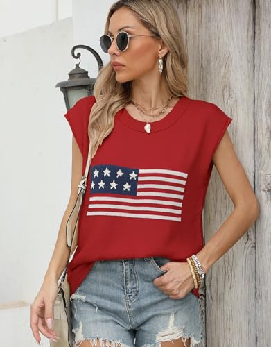 Image of Women's American Flag Lightweight Knit Crewneck Cap Sleeve Sweater Vest Top