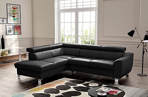 VENESETTI Canapé d'angle Convertible en Cuir Italien de Luxe 5 Places Astrid, Noir, Angle Gauche