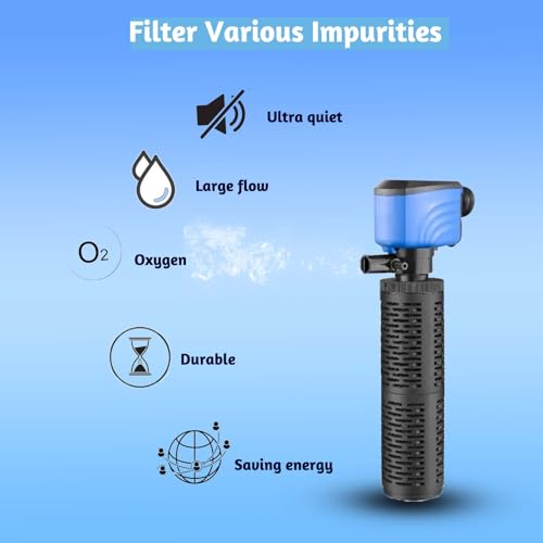 Image of Fish Tank Filter - Silent Internal Aquarium Filter for Clean Water, Air Pump, and Waves - Biochemical Filtration for Healthy Fish and Turtles (25W-1700L /H, Black)