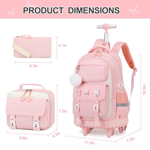 Rolling Backpack for Girls, Roller School Bag with Wheels, Wheeled Backpacks with Lunch Bag Pencil case for Elementary School Bookbags with Cute Pins Pink2
