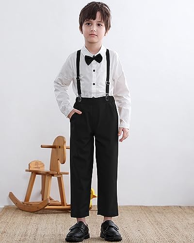 Image of SANGTREE Boys Gentleman Clothes Set, Short Sleeve Shirt with Bowtie + Suspender Pants Outfit, 3 Months - 6 Years