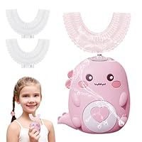 360º Kids Ultrasonic Toothbrush, Electric Tooth Brush with 2 U Shaped Silicone Brush Heads, Automatic Toothbrush with LED & Dino Look Light for Age 2~6 Years Boys and Girls (Pink 2~6 Years Old)