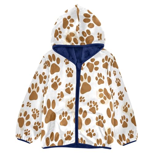 Brown Paw Prints Pattern Toddler Fleece Jacket Girl Boys Hooded Fleece Jacket Coat Warm Outwear Zip-up 3-10T