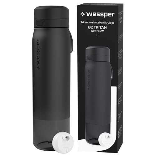 Wessper Gourde Filtrante en Tritan, 1 l, Bouteille d'eau avce Filtre Actitex Disc, Réduit le Chlore, Compteur de Remplacement du Filtre a eau, Bouteille sans BPA - Noir