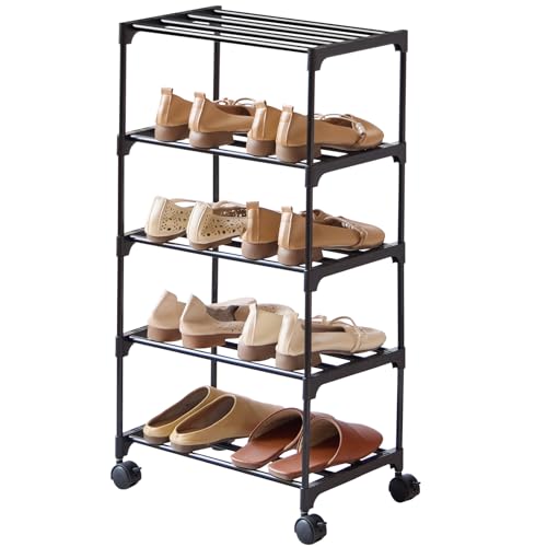 LUCKY OCEAN 5-Tier Small Shoe Rack with Wheels, Slide-Out Metal Shoe Racks Storage,...