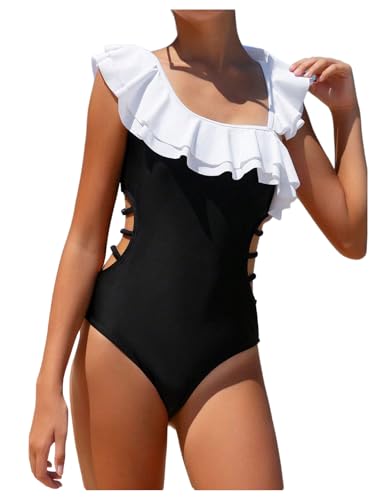 OYOANGLE Girl's Color Block One Piece Swimsuit Cute Cut Out Ruffle Trim Beach Bathing Suits Swimwear