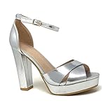  Angkorly - Zapatillas Moda Tacón escarpín Sandalias La Noche Glamour Plataforma Mujer Correas Cruzadas metálico Tacón Ancho Alto 11 CM - Plata 2 B-93 T 39