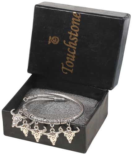 Image of Touchstone New Indian Bollywood Handcrafted Filigree Ox Horn Motif Fabulous Style Designer Jewelry Openable Bracelet in Oxidized Silver Tone for Women