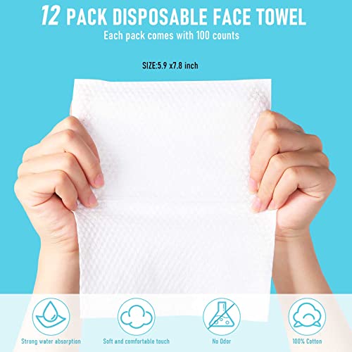 Image of Riakrum 12 Pack Disposable Towelettes Face Towel Bulk Cotton Face Tissues Soft Facial Tissue Dry Wet Use for Sensitive Skin Care Makeup Removing Surface Cleaning (1200 Counts)