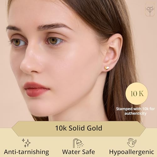 Solid 10K Gold Stud Earrings for Women | Hypoallergenic & Anti-Tarnishing Real Gold Earrings | Shower-Safe, Water-Proof and Sweat-Resistant Earrings in Various Shapes by MAX + STONE2