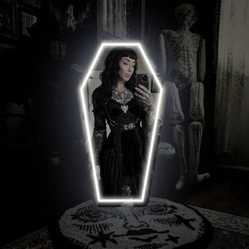 Image of Coffin Neon Sign Shaped Mirror LED Neon Sign, Gothic Bedroom Decor Neon Wall Light, Coffin Mirror Neon Wall Decor for Bedroom Vanity Salon Studio Aesthetic Room Decor 17″ x 9.44″