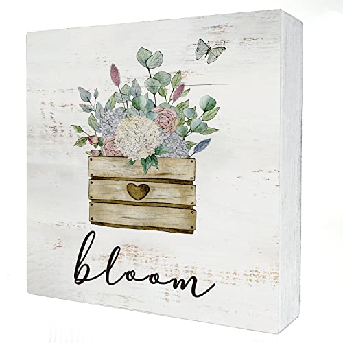 Bloom Wood Box Sign Home Decor Rustic Spring Flowers Bloom Wooden Box Sign Block Plaque for Wall Tabletop Desk Home Decoration