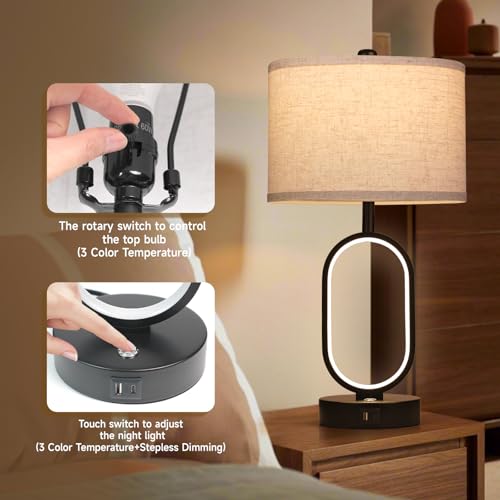 NITOWOLF 23" Bedside Lamps Set of 2, Farmhouse 3-Way Dimmable Touch Lamps for Nightstand, Built-in Night Light Bedside Table Lamp with USB A+C Ports, Black Table Lamp, LED Bulbs Included — view 2