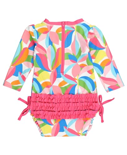 Image of RuffleButts Baby Girls UPF 50+ Sun Protection Floral Printed Long Sleeve One Piece Rash Guard Swimsuit with Zipper