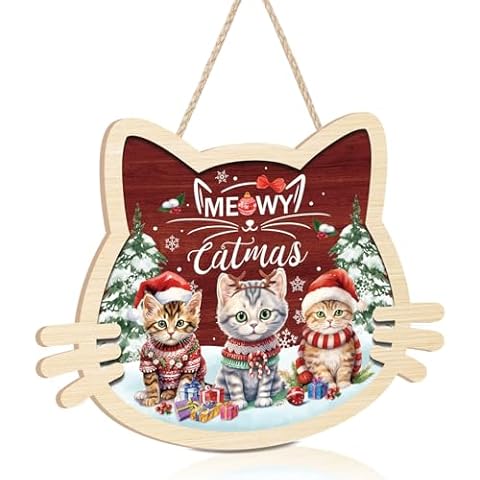 KAIRNE Meowy Christmas cat decorations indoor,Wooden Cat Christmas Signs,Winter Snow Sign Cat Xmas Decor Merry Christmas Wall Art,Happy Holiday Art Prints Cats Christmas gift For Cat Lover Decor Cover